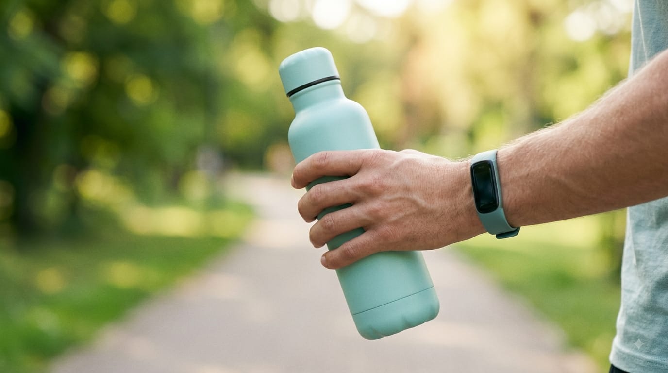 A person holding a sports stopwatch during a gym resistance training workout session