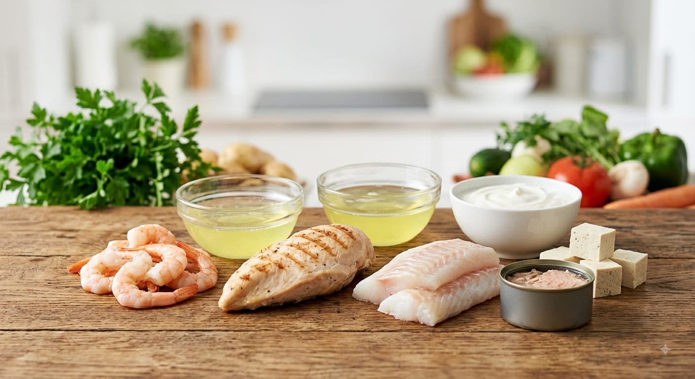 Selection of high-protein low-calorie whole foods including chicken breast, fish, egg whites, shrimp, and Greek yogurt